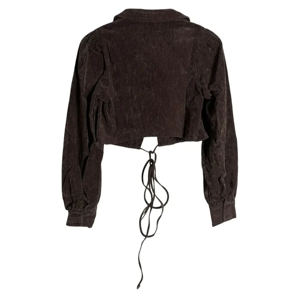 En Saison Route Wrap Brown Corduroy Wrap V-Neck Long Sleeve Crop Blouse Small